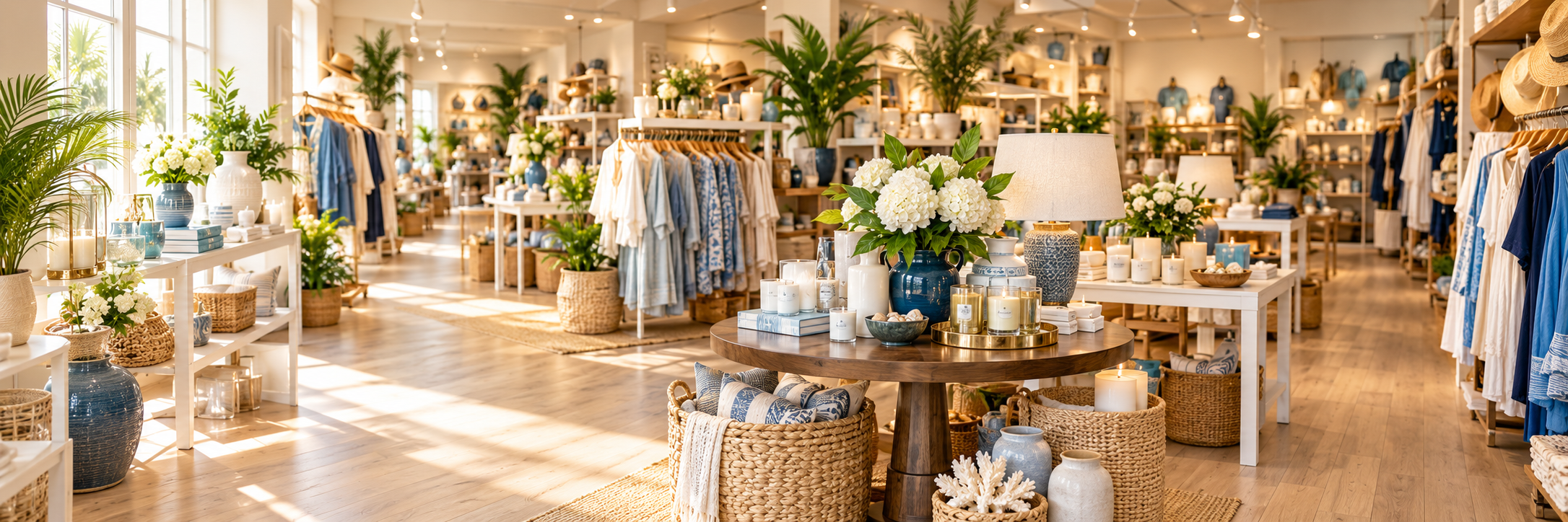 A welcoming coastal boutique interior with gifts, home accents, and clothing displays