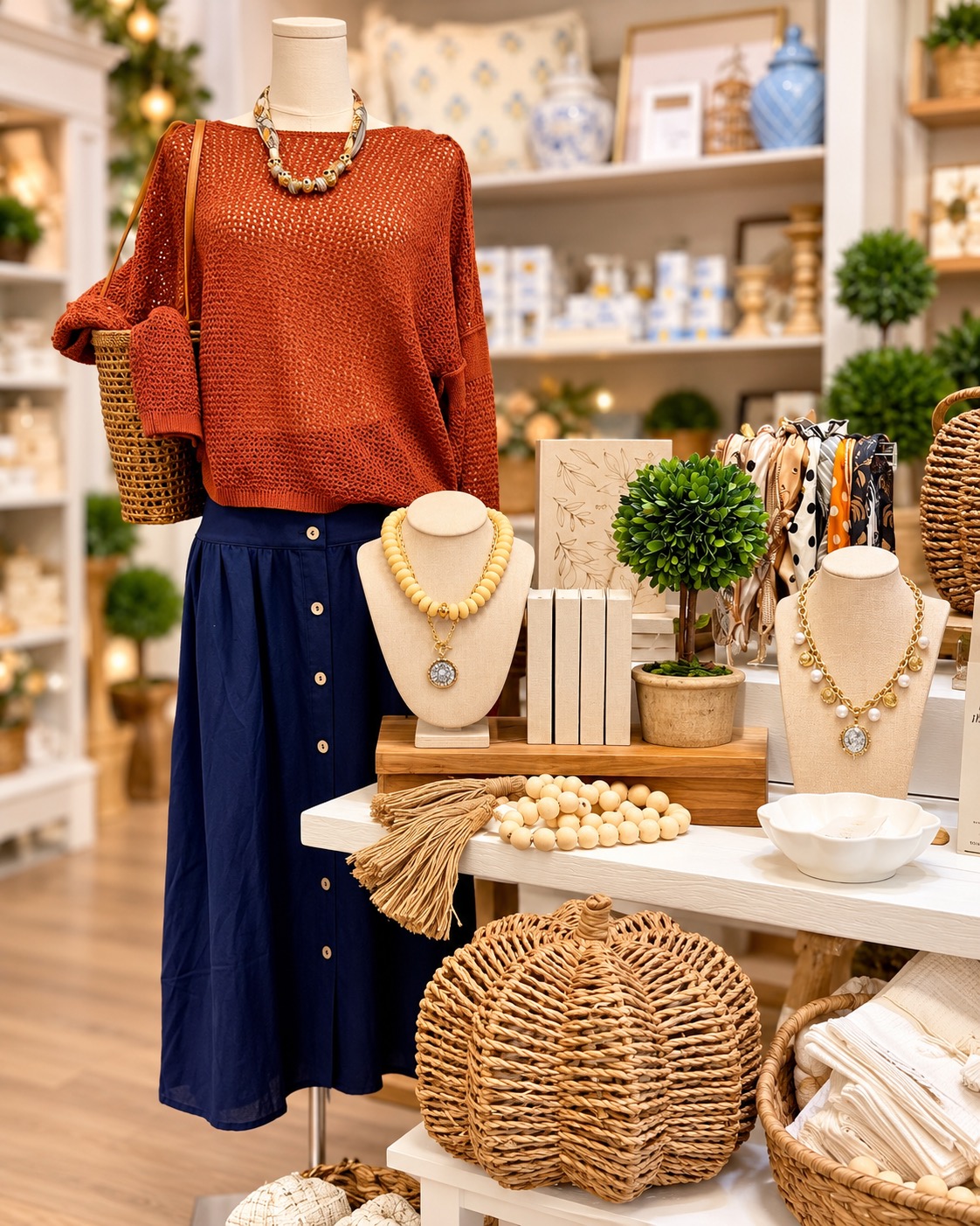 Rust sweater styled with a skirt and jewelry