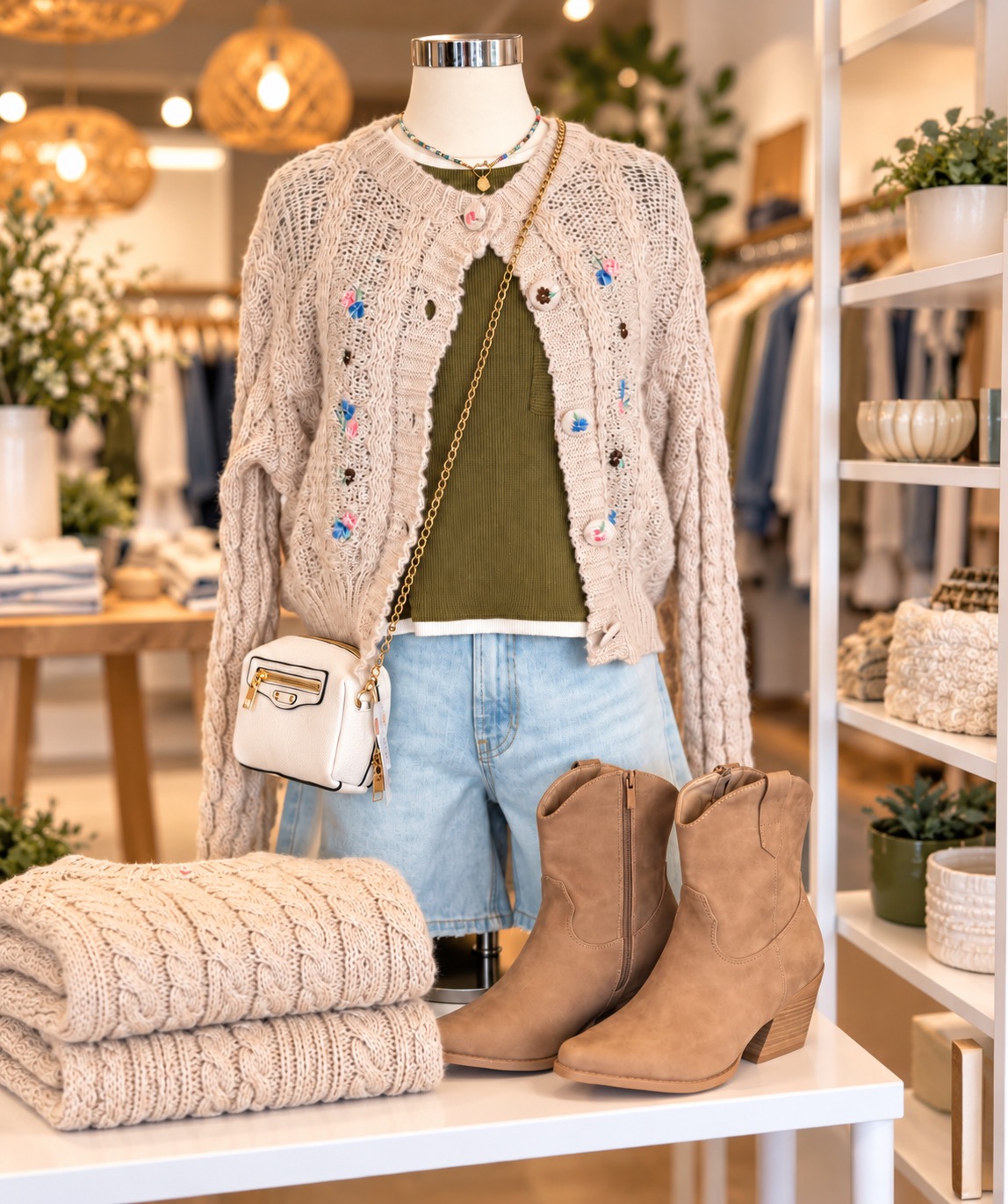 Cream cardigan styled with denim and boots