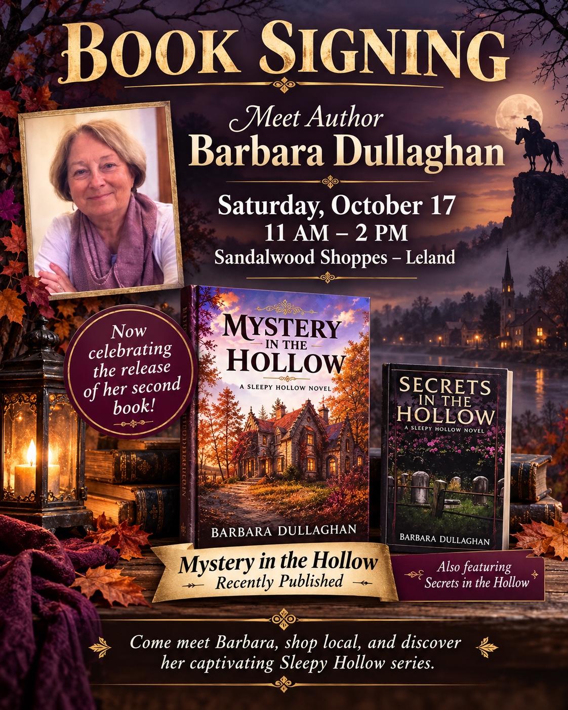 Book signing with Barbara Dullaghan at Sandalwood Shoppes Leland, October 17, 2026, 11 am–2 pm